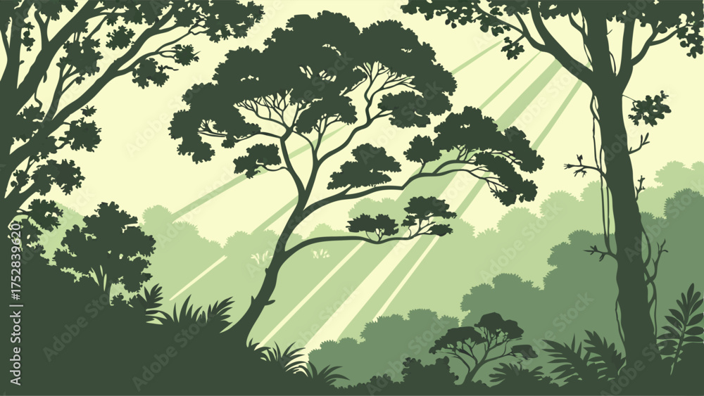 Fototapeta premium Lush Forest Silhouette with Sunlight Rays Vector for Nature Backgrounds Environmental Campaigns and Travel Promotions