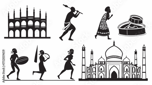 Indian Culture History Travel Silhouettes. Traditional People Running, Taj Mahal, Ancient Landmarks, Inkwell. Heritage Education Design