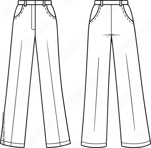 Fashion CAD drawing, high waist trousers with cuffed hem and belt loops, front and back view, technical flat sketch, apparel design