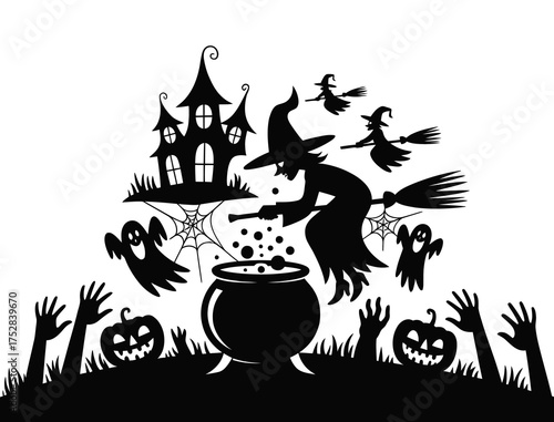 Halloween Witch Silhouette with Cauldron, Ghosts, and Haunted House