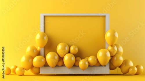 Yellow Balloons Surrounding Blank Frame on Yellow Background