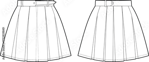 Fashion CAD drawing, pleated skirt with belt and button closure, front and back view, technical flat sketch, garment construction, apparel design