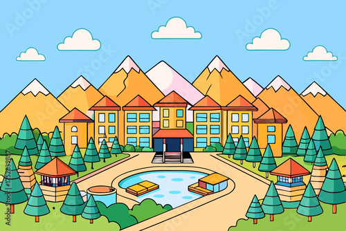 Resort in the mountains with a swimming pool and green lawns