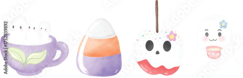 Festive treats, including candy corn, skull shaped apple, in a watercolor painting, perfect for Halloween celebration Hand drawn