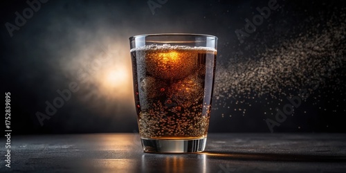 A Refreshing Glass of Sparkling Brown Beverage on Dark Surface with Bubbly Fizziness