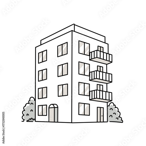 Cute doodle of an apartment building with playful lines on a white background