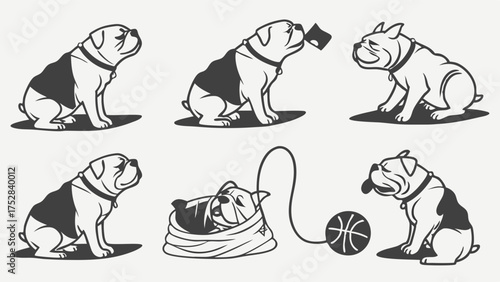 Adorable Bulldog Illustrations Set. Playful Dog Poses for Pet Care, Veterinary Services, Animal Branding, and Merchandise.