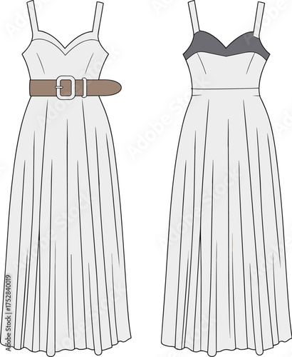 Fashion CAD drawing, spaghetti strap pleated dress variations, sweetheart neckline, technical flat sketch, garment construction, apparel design, sewing pattern, clothing illustration