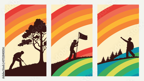 Determined Individual Planting Tree Raising Flag and Celebrating Success on Hilltop Inspiring Business Growth and Personal Achievement