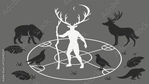 Mystical Horned Nature Spirit and Forest Animals in Magic Circle. Ancient Wisdom, Earth Magic, and Spiritual Power Illustration.