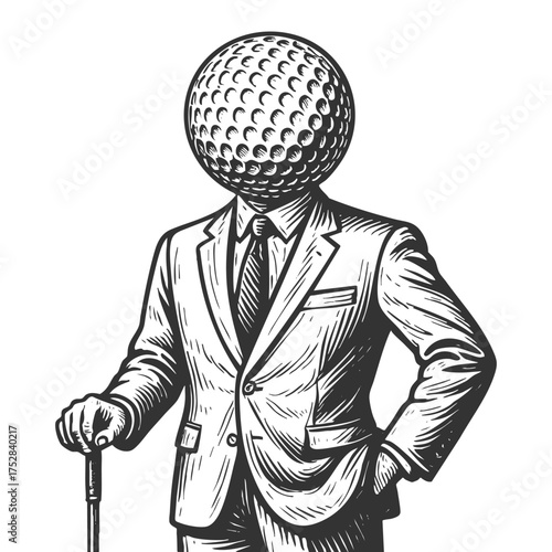 man in a formal suit holding a cane, with a golf ball for a head, surreal humor and creative sketch engraving generative ai vector illustration. Scratch board imitation. Black and white image.