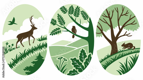 Green Nature Wildlife Illustrations showcasing Deer Bird Mouse Trees and Hills for Ecology Environment Conservation and Outdoor Web Design.