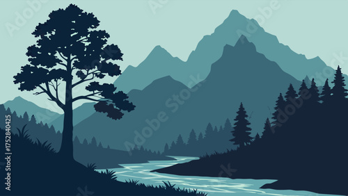 Serene Mountain Landscape Vector Illustration with Flowing River and Forest. Peaceful Nature Scene for Travel, Outdoor Marketing, Web Background.
