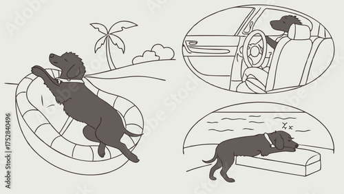 Black Dog Summer Vacation Relaxing on Float Driving Car Sleeping by Ocean Pet Travel Adventure Comfort Lifestyle Illustration