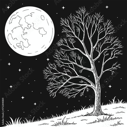 Full moon shines brightly over bare tree on grassy hill at night isolated on transparent background