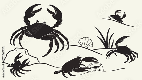 Minimalist Black Silhouette Crabs Exploring Sandy Beach with Seaweed and Seashell for Marine Life Education and Summer Travel