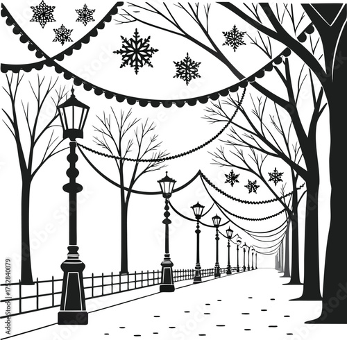 Silhouetted street lights line a dark path in a forested area at night isolated on transparent background