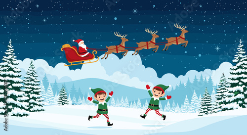 Santa Claus and his reindeer flying over snowy trees with elves celebrating Christmas.