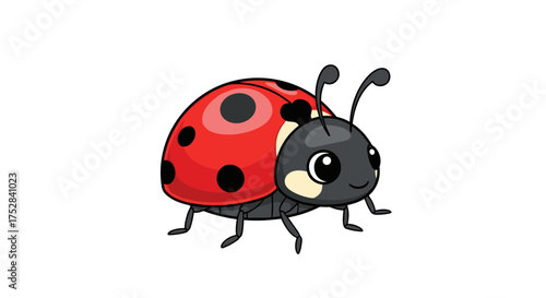 A cute cartoon ladybug with black spots on its red wings is happily walking along. Its antennae are raised in curiosity as it explores its surroundings in this whimsical illustration.