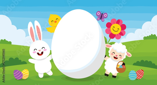 A joyful springtime scene with adorable animals celebrating Easter around a giant egg.