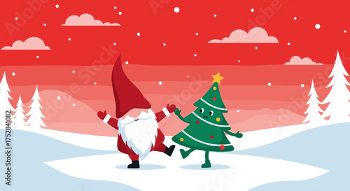 A happy gnome and a dancing Christmas tree celebrate winter holidays together.