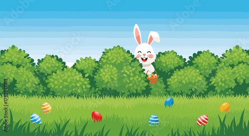 A happy bunny is hiding Easter eggs in a grassy field with green trees.