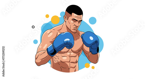 A professional boxer with blue gloves stands ready to fight with intense focus.
