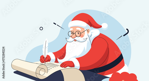 Santa Claus is carefully writing the Christmas wish list with a quill pen as he prepares for the holiday season.