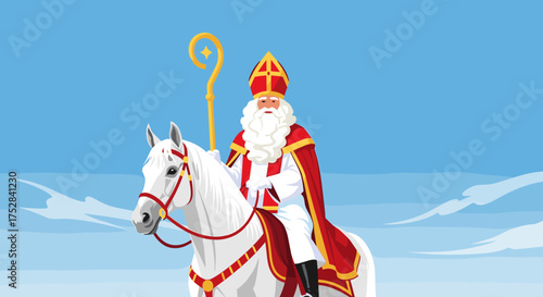 Saint Nicholas riding a white horse with a staff on a cloudy day.