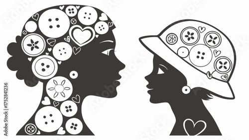 Creative Mother Daughter Silhouettes with Buttons and Hearts. Women and Girls Sharing Wisdom, Love, and Inspiration for Education