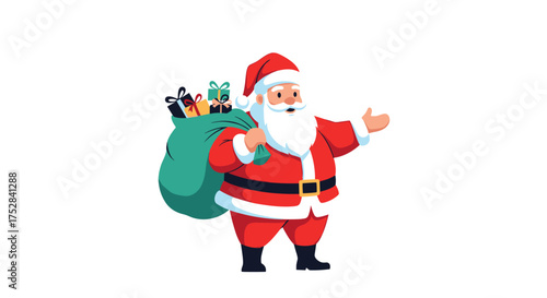 A joyful illustration of Santa Claus carrying a sack full of presents and waving warmly on a white background.