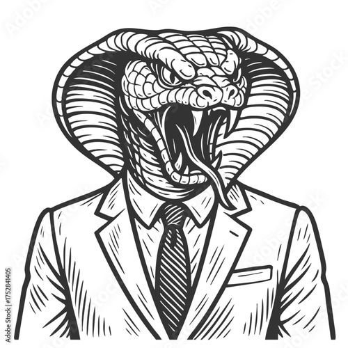 man in a suit with the head of a cobra snake sketch engraving generative ai fictional character vector illustration. Scratch board imitation. Black and white image.
