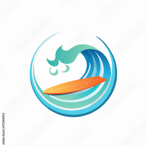Surfboard Floating on a Wave in Circle Design.