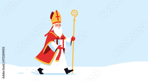 A benevolent figure in red robes holding a staff walks across a snowy landscape.