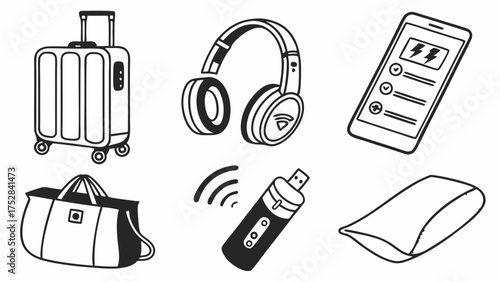 Essential Travel Gear Icons Luggage Headphones Smartphone Power Bank Pillow for Vacation Business Trip and Digital Nomad Packing