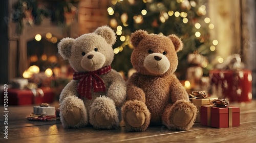 Two Adorable Teddy Bears in a Cozy Holiday Setting with Christmas Tree