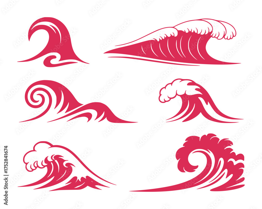 Fototapeta premium Collection of Stylized Red Waves on White Background