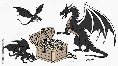 Powerful Black Dragons Protecting Gold Treasure Chest Fantasy Game Art for Adventure and Wealth Management