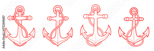 Four Red Line Art Anchors with Rope on White Background