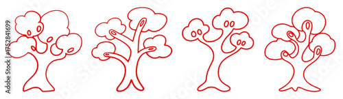 Four stylized red outline trees with rounded canopies and simple trunks