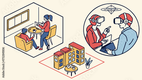 Business Professionals Collaborating in Virtual Reality Metaverse Meeting and Physical Cafe. Future Digital Workspace, Hybrid Work, Tech Innovation.