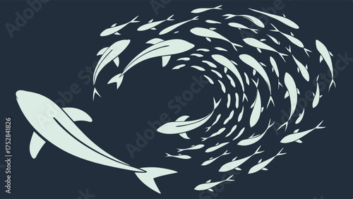 Big Fish Chasing Swirling School of Fish. Business Competition, Market Strategy, Teamwork, Cybersecurity, Data Protection.