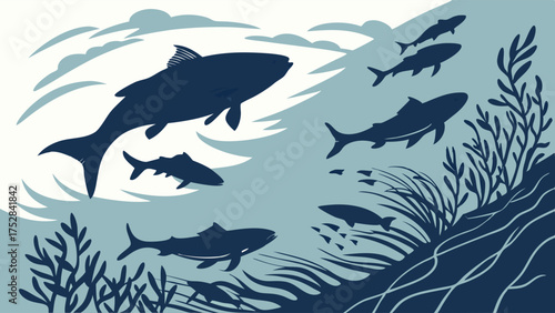 Fish Migration Upstream Dynamic Illustration for Business Perseverance Overcoming Challenges and Environmental Conservation