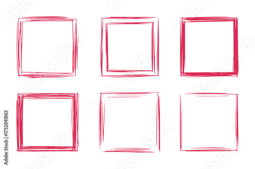 Six Hand-Drawn Red Square Frames on White Background