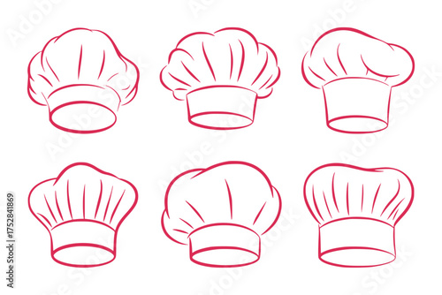 Six Chef Hats in Red Outline on White Background