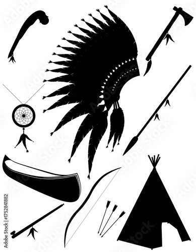 items objects american indians black silhouette cartoon stock vector illustration isolated on white background