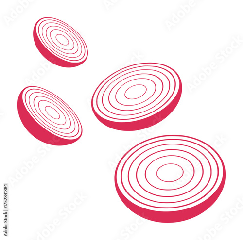 Sliced Red Onions Floating on a White Background