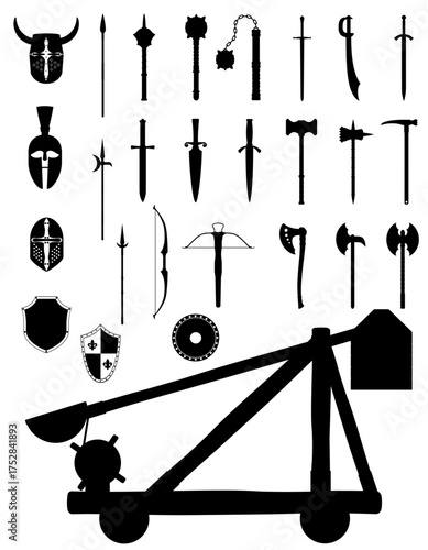 ancient weapons icons black silhouette cartoon stock vector illustration isolated on white background