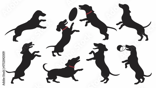 Black Dachshund Dog Silhouettes Playing Jumping Catching Frisbee Ball Energetic Pet Care Animal Training Veterinary Marketing Graphics