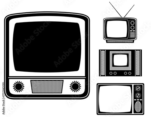 tv items retro old vintage icons black silhouette cartoon stock vector illustration isolated on white background